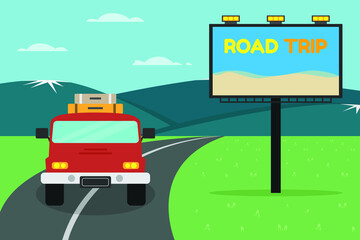 Fototapeta na wymiar Vacation vector concept. Red car carrying luggage while moving on the road with road trip text on the signpost