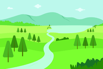 Nature vector concept. River flowing calmly across dense green forest with mountain background
