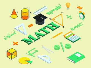 Math lesson vector concept. Math word with formulas and tools on the table