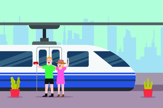 Transportation vector concept. Happy young couple take selfie photo with cellphone while standing in the train station