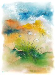 Green, yellow and blue watercolor backround with flowers