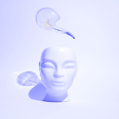 Surreal light bulb above a head. Business,  idea, art and creativity symbol. Surrealism concept.