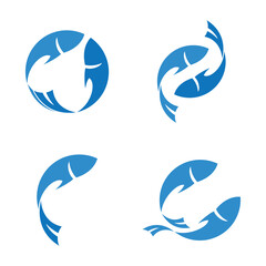 Obraz premium Blue round icon with fish and wave in three color variants isolated on white background