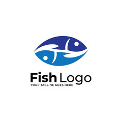 Blue round icon with fish and wave in three color variants isolated on white background