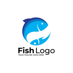 Blue round icon with fish and wave in three color variants isolated on white background