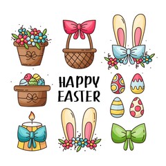 Easter design elements set. Basket with eggs, rabbit ears with flowers, Easter eggs. Lovely decorations for Easter. Vector elements.