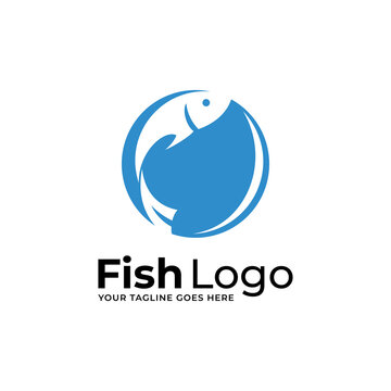 Blue round icon with fish and wave in three color variants isolated on white background