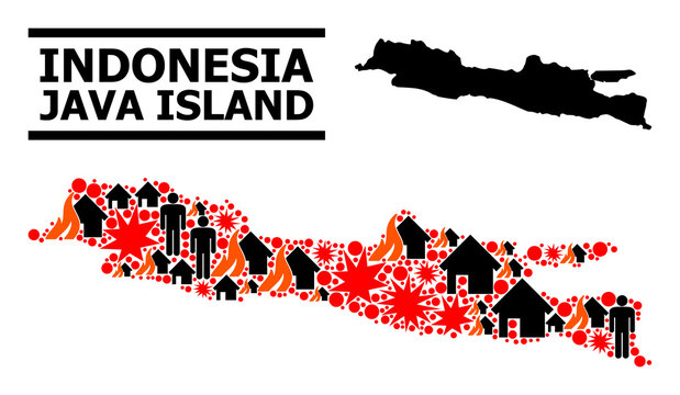 War collage vector map of Java Island. Geographic collage map of Java Island is constructed from randomized fire, destruction, bangs, burn realty, strikes.