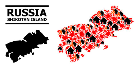 Obraz premium War mosaic vector map of Shikotan Island. Geographic mosaic map of Shikotan Island is organized with randomized fire, destruction, bangs, burn homes, strikes.