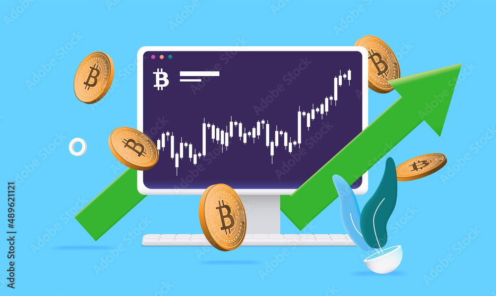 Leinwandbilder bitcoin trading success - computer screen with chart and green arrow pointing up. vector illustratio