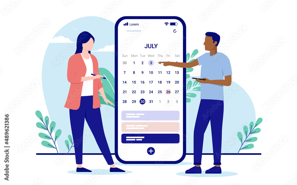 Poster calendar planning - two casual business people looking at smartphone app making plan for work projec