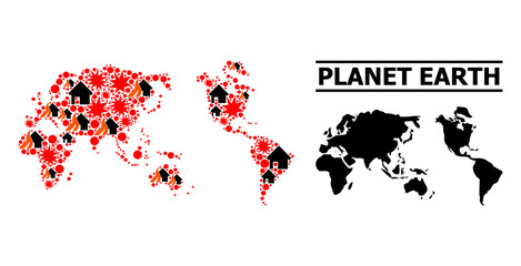 War pattern vector map of Earth. Geographic composition map of Earth is done with randomized fire, destruction, bangs, burn houses, strikes. Vector flat illustration for war applications.