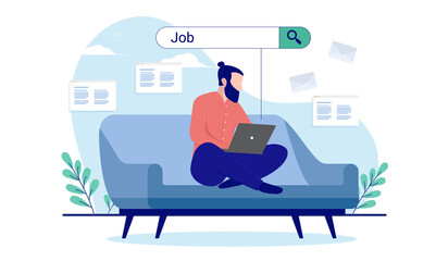 Job search - man looking for work online sitting in couch. Flat design vector illustration with white background - obrazy, fototapety, plakaty