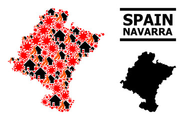 Obraz premium War collage vector map of Navarra Province. Geographic collage map of Navarra Province is combined with random fire, destruction, bangs, burn houses, strikes.