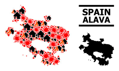 War collage vector map of Alava Province. Geographic collage map of Alava Province is constructed from scattered fire, destruction, bangs, burn homes, strikes.