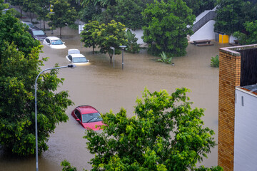 Roads flooded and cars under water after the heavy rain in West End, Brisbane, Australia  - obrazy, fototapety, plakaty