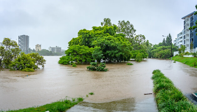 Roads flooded after the heavy rain in West End, Brisbane, Australia 