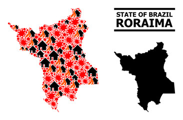Obraz premium War collage vector map of Roraima State. Geographic collage map of Roraima State is combined with random fire, destruction, bangs, burn homes, strikes. Vector flat illustration for war posters.