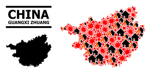 War mosaic vector map of Guangxi Zhuang Region. Geographic concept map of Guangxi Zhuang Region is organized from random fire, destruction, bangs, burn houses, strikes.