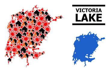 Obraz premium War collage vector map of Victoria Lake. Geographic collage map of Victoria Lake is constructed from randomized fire, destruction, bangs, burn realty, strikes.