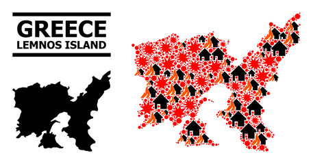 Obraz premium War collage vector map of Lemnos Island. Geographic mosaic map of Lemnos Island is done from randomized fire, destruction, bangs, burn homes, strikes. Vector flat illustration for war agitation.