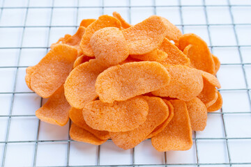 Prawn crackers on white background. Shrimp crispy rice snack