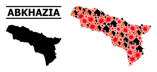 Obraz premium War pattern vector map of Abkhazia. Geographic concept map of Abkhazia is composed from randomized fire, destruction, bangs, burn homes, strikes. Vector flat illustration for war propaganda.