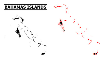 War mosaic vector map of Bahamas Islands. Geographic concept map of Bahamas Islands is designed with randomized fire, destruction, bangs, burn realty, strikes.