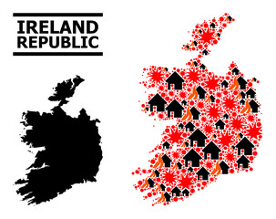 War collage vector map of Ireland Republic. Geographic collage map of Ireland Republic is done with scattered fire, destruction, bangs, burn realty, strikes.