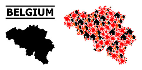 War collage vector map of Belgium. Geographic collage map of Belgium is constructed with randomized fire, destruction, bangs, burn houses, strikes. Vector flat illustration for war projects.
