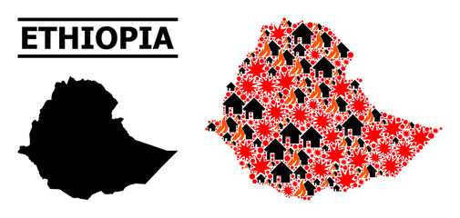 Obraz premium War pattern vector map of Ethiopia. Geographic collage map of Ethiopia is composed from scattered fire, destruction, bangs, burn houses, strikes. Vector flat illustration for war doctrines.