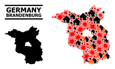 Obraz premium War mosaic vector map of Brandenburg State. Geographic mosaic map of Brandenburg State is created with random fire, destruction, bangs, burn houses, strikes. Vector flat illustration for war posters.