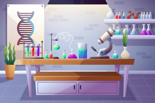 Gradient Realistic Science Laboratory Background, interior of workplace, lab  analysis in test, chemical laboratory, Scientific equipment, microscope,  flasks with toxic liquid in cartoon chemistry. Stock Vector | Adobe Stock