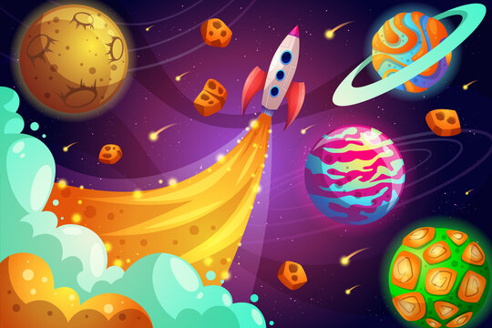 Planets in outer space with satellites, falling meteor and asteroids in dark starry sky. Galaxy, cosmos, universe futuristic fantasy view background for computer game. Cartoon vector illustration