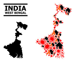 War collage vector map of West Bengal State. Geographic mosaic map of West Bengal State is organized with scattered fire, destruction, bangs, burn homes, strikes.