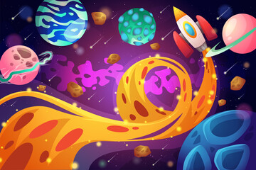 Planets in outer space with satellites, falling meteor and asteroids in dark starry sky. Galaxy, cosmos, universe futuristic fantasy view background for computer game. Cartoon vector illustration