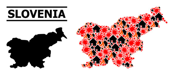 Obraz premium War collage vector map of Slovenia. Geographic collage map of Slovenia is combined from randomized fire, destruction, bangs, burn realty, strikes. Vector flat illustration for war doctrines.