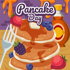 Stack of Pancake day illustration with honey and fruits.