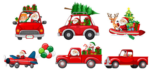 Set of different Christmas cars and Santa Claus characters