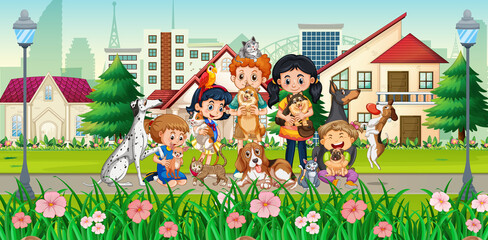 Outdoor scene with children and their dogs