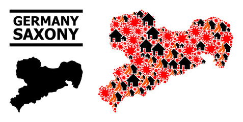 War mosaic vector map of Saxony State. Geographic composition map of Saxony State is done from randomized fire, destruction, bangs, burn realty, strikes. Vector flat illustration for war projects.