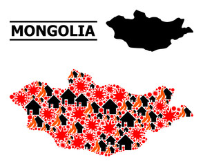 Obraz premium War mosaic vector map of Mongolia. Geographic collage map of Mongolia is organized from randomized fire, destruction, bangs, burn homes, strikes. Vector flat illustration for war proclamations.