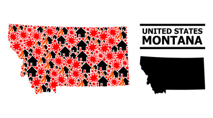 War collage vector map of Montana State. Geographic composition map of Montana State is composed with randomized fire, destruction, bangs, burn homes, strikes.