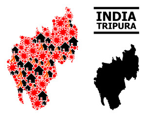 Obraz premium War mosaic vector map of Tripura State. Geographic mosaic map of Tripura State is composed from randomized fire, destruction, bangs, burn houses, strikes.