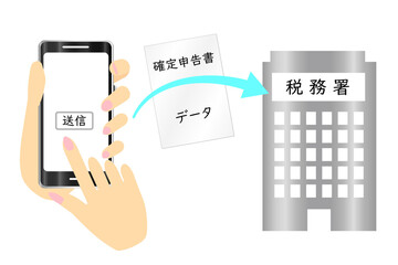 スマートフォンで確定申告をするコンセプトイラスト。納税システムをわかりやすく表現したイラスト。