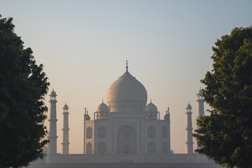 Obraz premium Beautiful Taj Mahal peeping in between trees.
