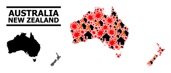 War mosaic vector map of Australia and New Zealand. Geographic mosaic map of Australia and New Zealand is created from randomized fire, destruction, bangs, burn houses, strikes.