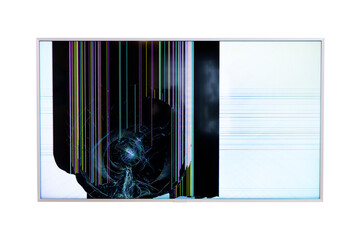 Broken LCD TV monitor isolated on white background. Colorful stripes on a broken LCD TV screen....