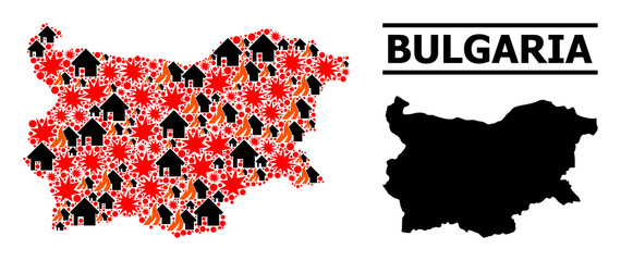 Obraz premium War mosaic vector map of Bulgaria. Geographic mosaic map of Bulgaria is composed with scattered fire, destruction, bangs, burn realty, strikes. Vector flat illustration for war doctrines.