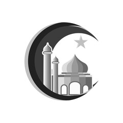 Great Mosque isolated on a white background. Traditional arabesque ornament, crescent moon and stars. Vector Illustration. Eid greetings. Kareem Ramadan.  Mosque black and white vector.